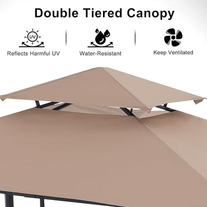ABCCANOPY Grill Gazebo with 2 Side Awnings - 14x5 Outdoor BBQ Canopy Shelter with 2 Led Lights for Patio Backyard Grilling (Khaki)