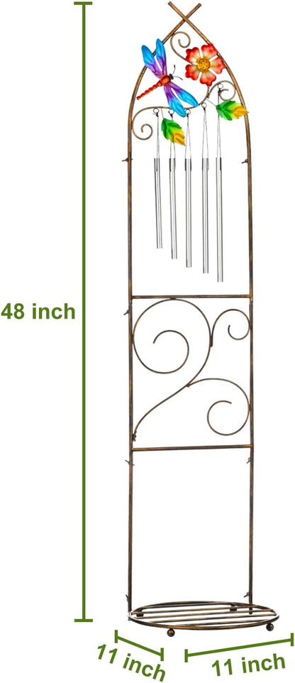 Plant Stands with Garden Trellis, 48” Metal Standing Wind Chimes Plant Pot Trellis with Dragonfly for Garden Patio Backyard Climbing Plants Outdoor Decor