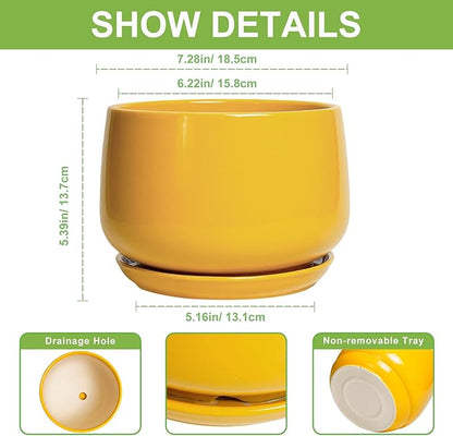 G EPGardening Ceramic Pots for Plants - 7 Inch Plant Pot with Drainage Hole and Saucer, Modern Ceramic Planter for Indoor Outdoor, Round Flower Planter, Gifts for Plants Lovers, Home Decor, Yellow