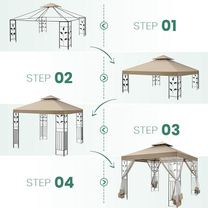 COBIZI Gazebo 10x13 Heavy Duty Gazebos with Improved Nettings Outdoor Gazebo Double Roof Patio Gazebos with Metal Steel Frame Outdoor Canopy for Patio, Deck, Backyard (Khaki)