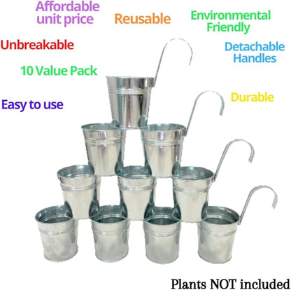 LaLaGreen Fence Planters for Outdoor Plants (10 Pack, 6 Inch) Railing Planter Metal Herb Garden Pots Outdoor, Hanging Silver Flower Buckets for Outside Wall Deck Patio Balcony Rail Farmhouse Rustic
