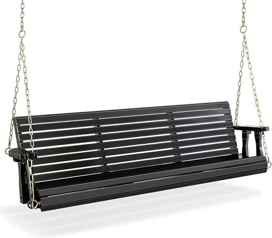 VINGLI Upgraded Patio Wooden Porch Swing for Courtyard & Garden, Heavy Duty 880 LBS Swing Chair Bench with Hanging Chains for Outdoors (Black, 5 FT)