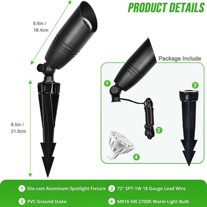 wowlite Low Voltage Spot Lights Outdoor LED 4 Pack, Die-cast Aluminum Landscape Spotlights, Waterproof Black Uplights with MR16 Bulbs Ground Stake for Garden Courtyard Pathway