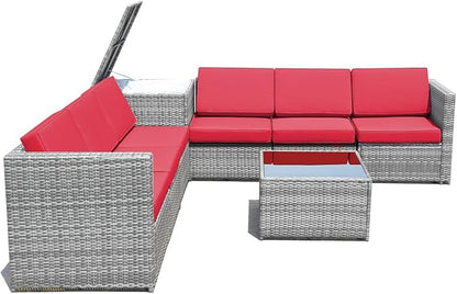Tangkula 8 Pieces Wicker Patio Furniture Set with Storage Deck Box, PE Rattan Outdoor Sectional Sofa Conversation Set with Coffee Table & Cushions, Outside Furniture for Garden Yard Poolside (Red)