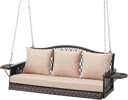 Upgraded Wicker Hanging Porch Swing Heavy Duty 900lbs 3-Seat Outdoor Patio Swing Chair Bench for Adult w/ 8.9ft Hanging Chains Cushions and Cup Holder