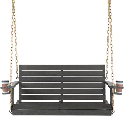 VINGLI Heavy Duty 1600 LBS HDPE Porch Swing Outdoor with Rotatable Cup Holder, 4 FT Patio Bench Swing with Adjustable Chains, 2 Person Hanging Porch Swing Chair for Porch, Yard, Tree, Garden - Grey
