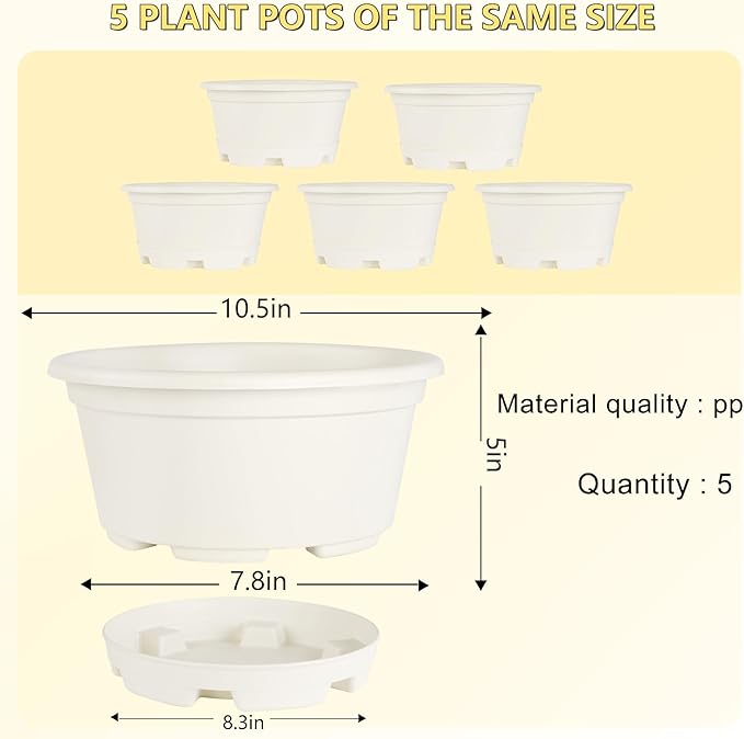 5 Pack 10.5 inch Plant Pots,Planter-Pots-for-Plants，Plastic Flower Pot for Indoor Outdoor Plants with Drainage Holes & Trays, Decorative Garden Containers Sets for Houseplants
