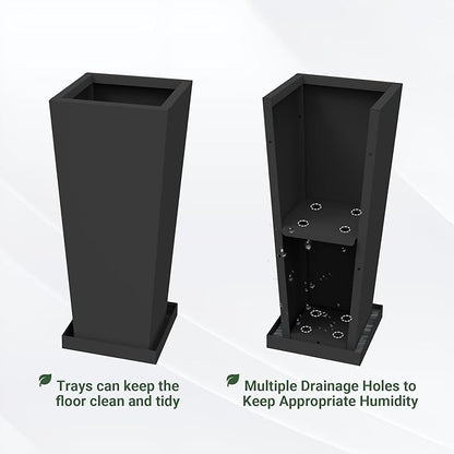 Tall Outdoor Planters Set of 2, 24 inch Tall Planters for Outdoor and Indoor, Metal Tapered Pots with Drainage Holes & Insert Shelves & Trays for Porch, Garden, Patio, Yard