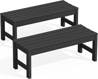 SERWALL 47 Inches Outdoor Bench Set of 2, All Weather HDPE Backless Bench with Wood Grain Texture for Garden Porch and Park, Curved Bench Seat for Comfort, Black