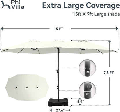 PHI VILLA 15ft Large Patio Umbrellas with Base Included, Outdoor Double-Sided Rectangle Market Umbrella with Stand, Outside Umbrellas for Poolside Lawn Backyard, Ivory