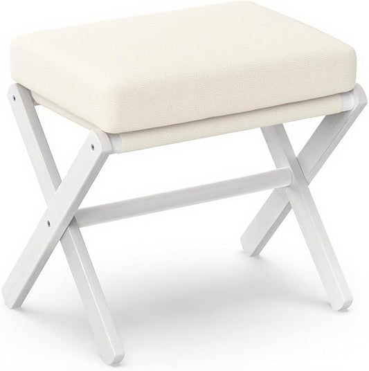 Foldable Foot Stool Ottoman, Modern Foot Rest with Bamboo X Legs & Thick Foam Cushion, Folding Foot Stools Small Padded for Bedroom Living Room, Footstool for Chair Couch (White - White)