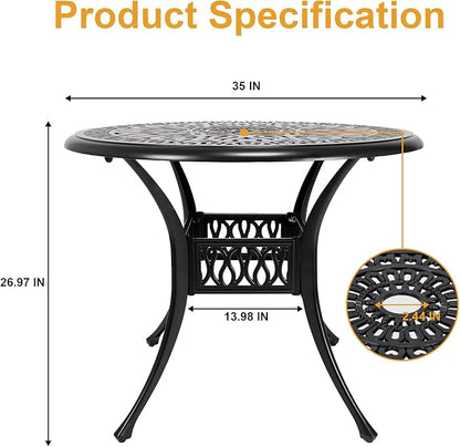 35" Outdoor Dining Table, Cast Aluminum Patio Bistro Table with 2.44" Umbrella Hole, Patio Furniture for Backyard Garden, Black