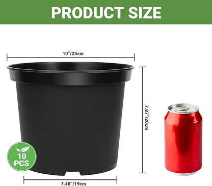 GREANER Plant Nursery Pots, 10 Inch Round Sturdy Garden Pots for Outdoor Indoor Plants, Plastic Black Seed Starting Container for Succulents, Seedlings(10PCS)