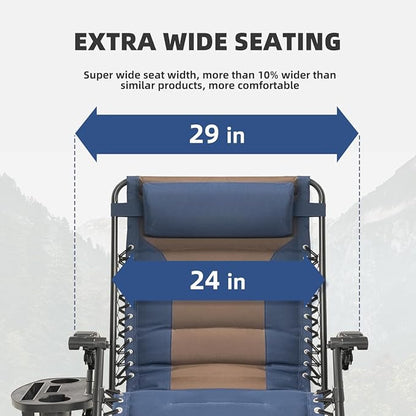 Zero Gravity Chair Set of 2 Oversized Padded Recliner with Adjustable Headrest & Cup Holder - 600D Oxford Folding Lounge Chair for Outdoor Camping, Patio, Poolside (Brown & Blue)