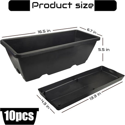 QPEY Window Box Planter, 10 Pack 17 Inch Plastic Flower Box with Tray Rectangular Planters for Outdoor Indoor Plants Garden Home Decor (Black)