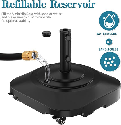 Umbrella Base,Heavy Duty Umbrella Stand with 5 Wheels, Max 180lb Fillable Umbrella Holder Wind-Resistant, Mobile Square Market Stand for Outdoor, Deck, Lawn, Fits Most Sized Umbrellas (21inch)