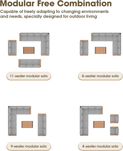 Outdoor Aluminum Patio Furniture Set 11 Seats, Patio Sectional Corner Couch Set with Washable Thick Cushions & Coffee Table, Patio Conversation Sets for Porch, Backyard, Garden, Deck, Gray