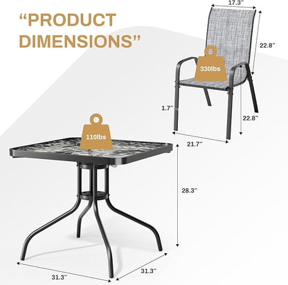 Arlopu 5 Piece Outdoor Patio Dining Set (Umbrella not Included), Porch Furniture with 4 Textline Chairs, 1 Square Glass Table for Garden, Backyard and Poolside, Lawn (Grey)