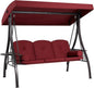 HOMREST 3 Seat Outdoor Porch Swing with 1.5" Deepened Cup Holder, Adjustable Canopy, Patio Swing Bed with Stand, Patio Glider Swing with Thicken Cushions, Pillow for Yard, Garden(Wine Red)