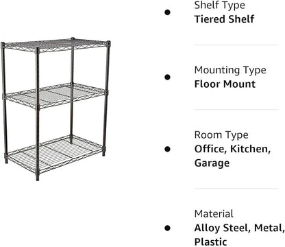 Amazon Basics 3-Shelf Adjustable Heavy Duty Steel Wire Rack Storage Shelving Organizer with Storage Space, Versatility and Ease of Use for Kitchen, Garage, 23.2" L x 13.4" W x 30" H, Black