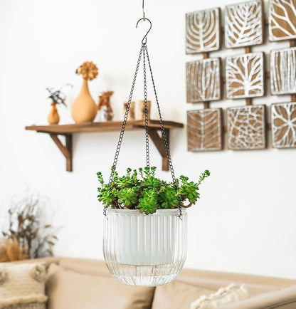 Melphoe Self Watering Hanging Planters for Indoor Plants, 1 Pack 8.3 Inch Outdoor Hanging Plant Pot Basket, 2 Kinds of Hangers Macrame 35.5’’ & Metal Chain 19.6’’ for Garden Home Decor