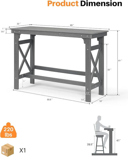 Outdoor Bar Table, 60-Inch Smoke Gray HDPE Patio Table with X-Frame