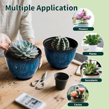 Plant Pots, Set of 4 Plastic Planters with Drainage Hole, 8 Inch Glaze Plastic Flower Pots for Plants, Nursery Planting Pot, Planter for Indoor Outdoor Home Decorative(Blue)