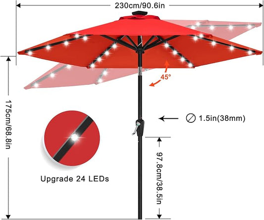 7.5FT Durable Solar Led Patio Umbrellas with 24LED Lights