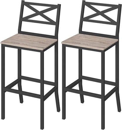 Bar Stools, Set of 2 Bar Chairs with Backrest and Footrest, 26" Tall Counter Bar Stools, Kitchen Breakfast Bar Chairs, Easy Assembly, for Dining Room, Greige BAHG0901N3