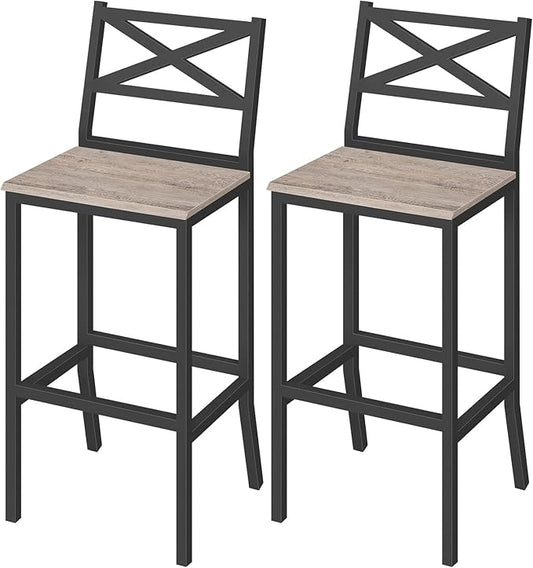 Bar Stools, Set of 2 Bar Chairs with Backrest and Footrest, 26" Tall Counter Bar Stools, Kitchen Breakfast Bar Chairs, Easy Assembly, for Dining Room, Greige BAHG0901N3