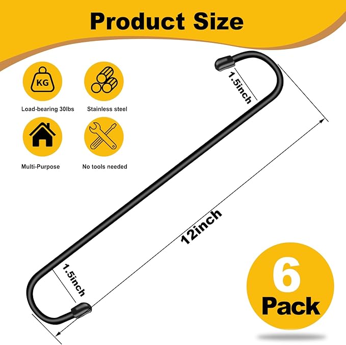 6 Pack 12 Inch Large S Hooks for Hanging Plants,Black Extra Matel Heavy Duty Hook for Hang Brsket,Bird House,Clothes,Kitchenware