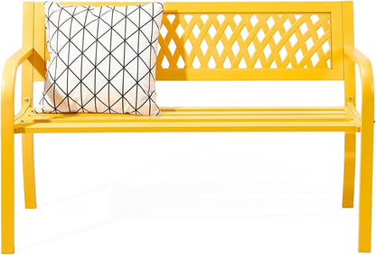 VINGLI 47'' Outdoor Bench, Weather Resistant Garden Patio Bench Powder Coated Iron Frame w/PVC Mesh Backrest Slatted Seat, 2-Person Outdoor Furniture for Front Porch Entryway Park (Yellow)