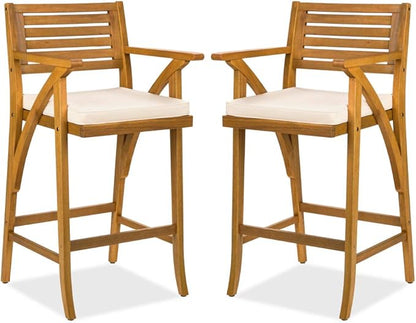 Best Choice Products Set of 2 Outdoor Acacia Wood Bar Stools Bar Chairs for Patio, Pool, Garden w/Weather-Resistant Cushions - Cream