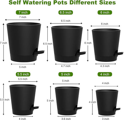 Self Watering Pots, 7/6.5/6/5.5/5/4 inch Flower Pots with Multi Mesh Drainage Holes, Small Platic Planters for Indoor Outdoor Garden Plants and Flowers (Black, 7"+6.5"+6"+5.5"+5"+4")