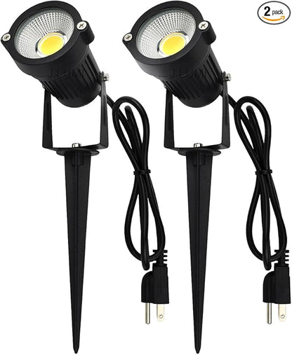 GSS6005 Plug in Spotlight Outdoor, 5W LED Landscape Spotlight 120V, 3000K Warm White, Metal Construction with Ground Stake, 3ft Cord and Plug, Black (Pack of 2)