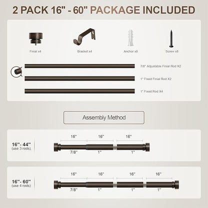2 Pack Modern Antique Brown Bronze Curtain Rods for Windows 16 to 60 Inches Adjustable Heavy Duty 1" Diameter Window Rod with Decorative Finials for Outdoor Farmhouse Bedroom Kitchen Living Room