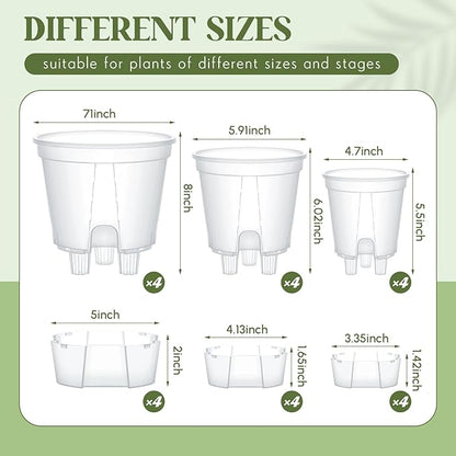 Self Watering Pots for Indoor Plants with Deep Reservoir and High Drainage Holes for Outdoor Plants and Flowers, Bare Root Planter(4.72'', 5.91'', 7.09'',Clear,12 Pcs)