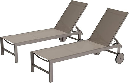 Shintenchi 2 PCS Outdoor Chaise Lounges Chair with Wheels Aluminum Reclining Patio Lounge Chairs with 5 Adjustable Position Recliner for Patio, Beach, Yard, Pool Patio Furniture Set,Khaki