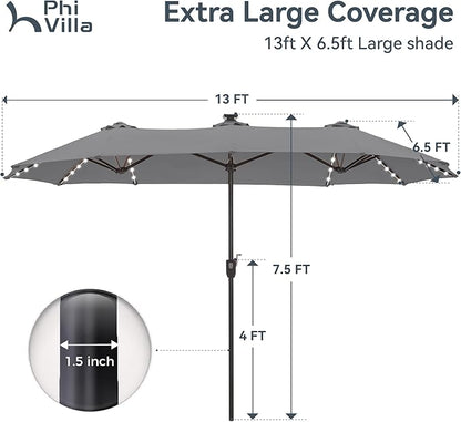 PHI VILLA 13ft Patio Umbrella with 120 PCS Solar-Powered LED Color-Changing Lights, Double-Sided Large Rectanglular Umbrella Outdoor for Table with Crank Lift,Light Grey(No Base)