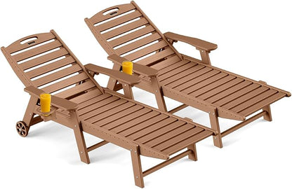 Outdoor Chaise Lounge Chair Set of 2, Patio Lounge Chairs for Outside, HDPE Lounge Chair with Wheels & Cup Holder, Poly Chair with 5 Position for Poolside, Deck, Brown