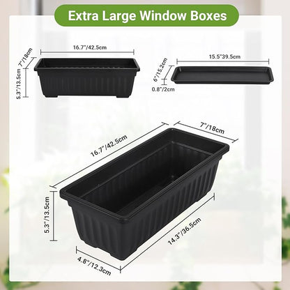 GREANER Rectangle Planters for Indoor Plants, 6 Pack 16.9x7.48 Inch Large Vegetable Flower Herb Window Boxes, Outdoor Plastic Growing Pots with Tray for House Windowsill Balcony Garden Use (Black)