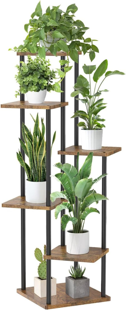 6 Tier Tall Plant Stand Indoor Outdoor, Large Wood Metal Planter Shelf Holder for Narrow Corner, Sturdy Vertical Multiple Flower Orchid Pot Decorative Rack for House Living Room Bedroom Office, Rustic Black