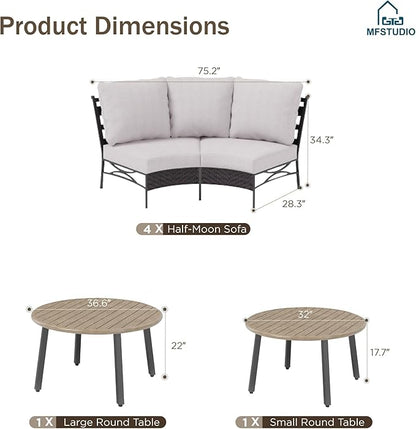 MFSTUDIO Patio Furniture Set, 8 Seats Half-Moon Curved Outdoor Sectional Sofa Conversation Set, Woven Rattan Patio Couch with 2 Wood-Like Round Coffee Table