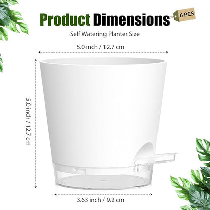 Plant Pots 5 Inch Self Watering Pots,6 Pack Plastic Planters with Drainage Holes and Clear Saucers,Plastic Flower Pots,Nursery Planting Pot for Indoor Out Door Plants (White)