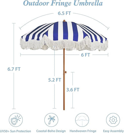 AMMSUN Boho Fringe Umbrella Outdoor Patio, 6.5ft UPF50+ Picnic Umbrella with Tassels with Steel Pole and Push Button Tilt, Navy Stripe