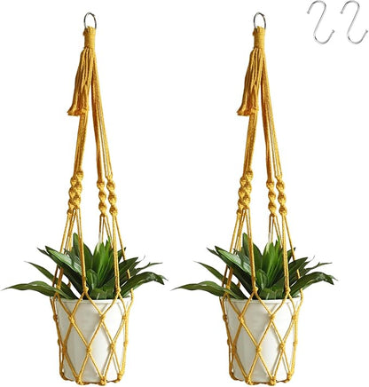 Artilady Boho Macrame Plant Hangers - Handmade Hemp Rope Hanging Baskets for Plants with Ceiling Hooks, Bohemian Home Decor Wall Art (Ginger-Yellow-2pcs)