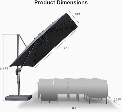 PURPLE LEAF Patio Umbrella 9' X 9' Rectangle Cantilever Umbrella Large Aluminum Outdoor Umbrellas with 360-degree Rotation & UPF40+ Premium Fabric for Deck Pool Garden Yard, Graphite Grey