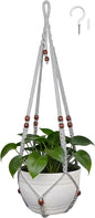 35 Inch Macrame Plant Hanger, Large for up to 15 Inch Pot Extra Long Hanging Planter Holder Basket with Wood Beads for Indoor Outdoor Home Decor (Grey, 1-Pack)