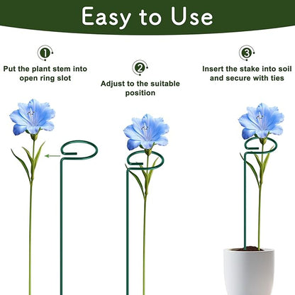 FEED GARDEN 24 Inch 12 Pack Plant Support Stakes, Metal Garden Flower Stakes and Supports for Outdoor Plants, Plant Stem Support with 24 Twist Ties for Amaryllis Lily Rose Peony Tomatoes Gladiolus