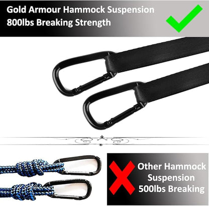 Gold Armour Camping Hammock - XL Double Hammock Portable Hammock Camping Accessories Gear for Outdoor Indoor with Tree Straps, USA Based Brand (Black and Gray)